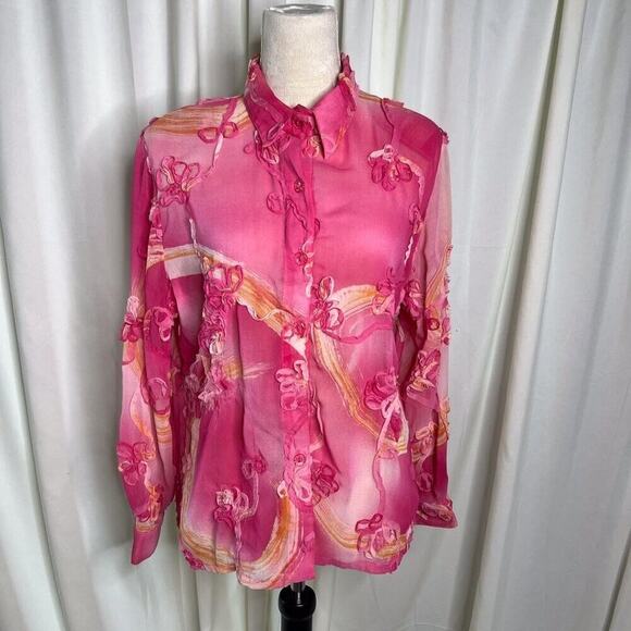 Sea Suns Vintage Floral Blouse Pink Sheer Ruffled Button Up Women's Medium 90s - Picture 2 of 12